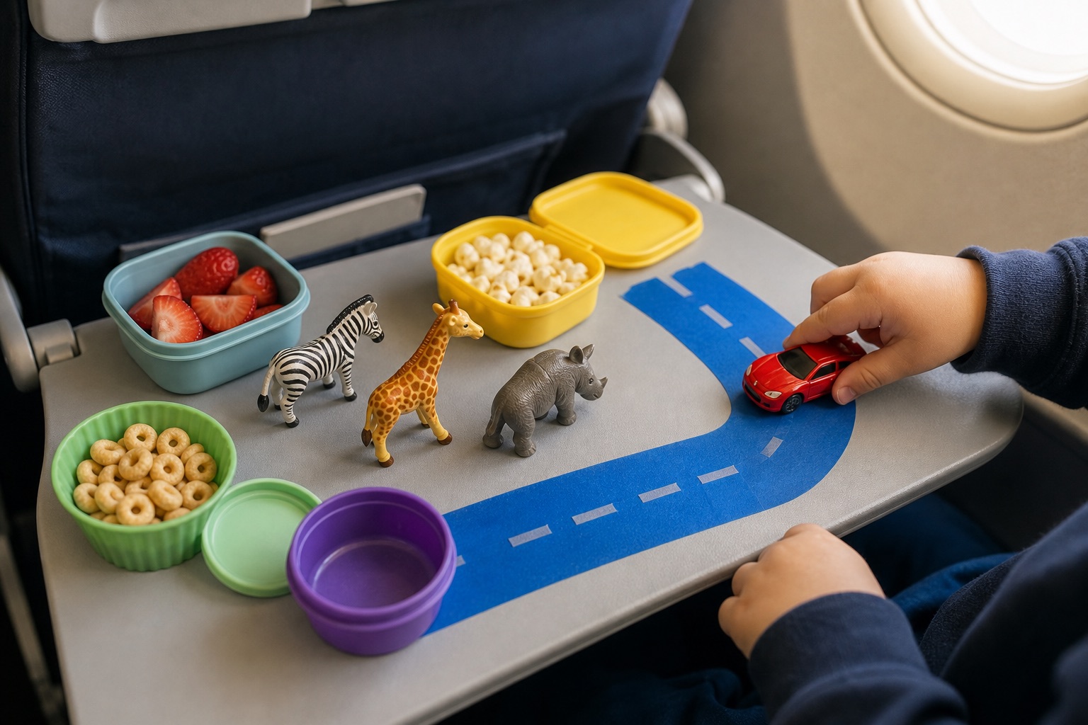 Toddler airplane activities on a plane tray table.