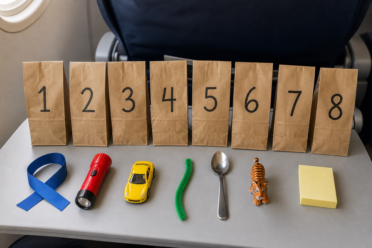 Mystery activity bags for a toddler flight.