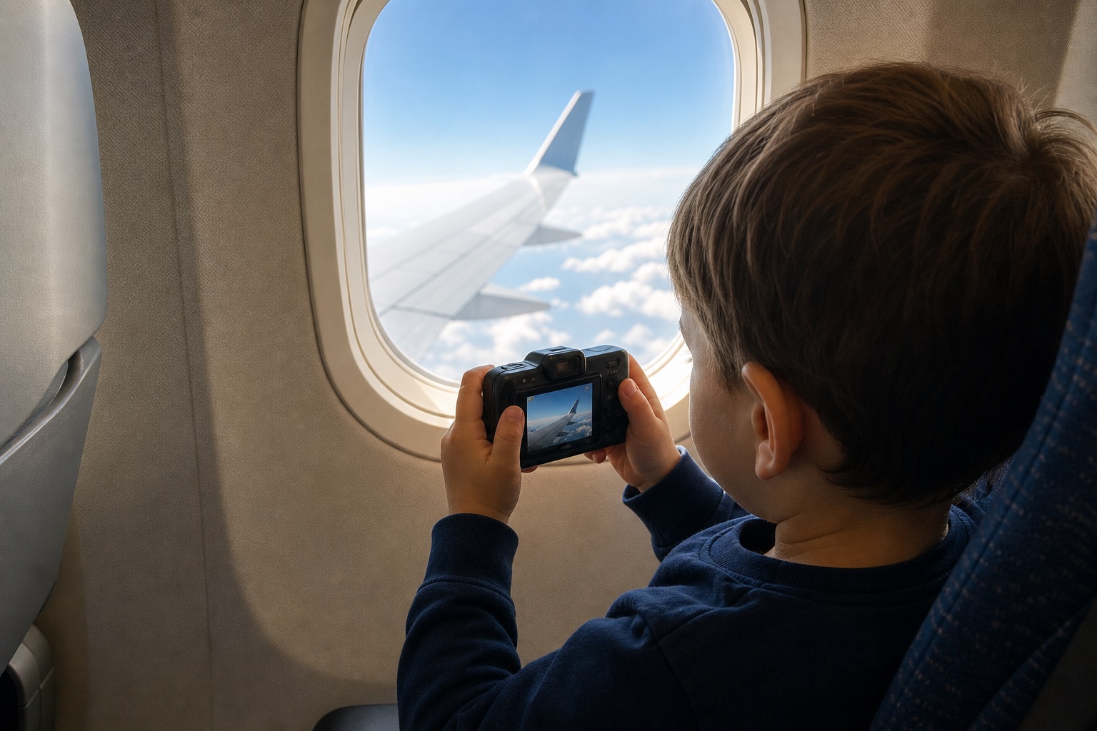 Toddler photography activity during a flight.