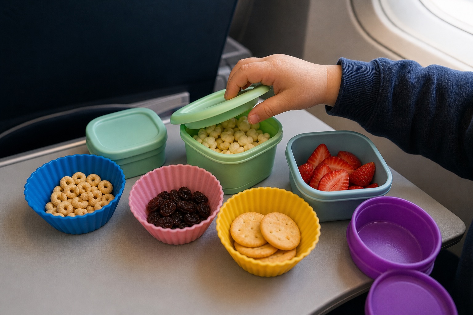Snack treasure box activity for a toddler on a plane.