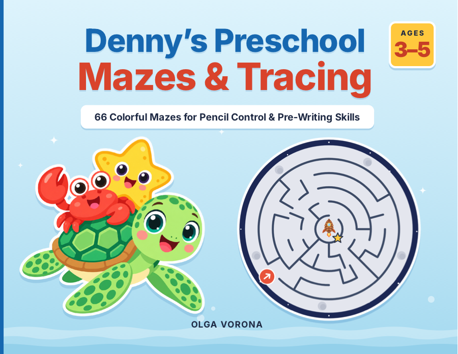 Cover of Denny’s Preschool Mazes and Tracing activity book