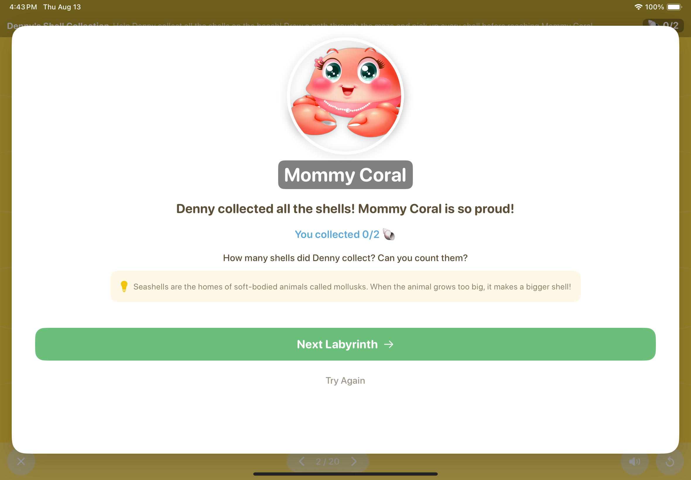 Denny's Maze ocean fact and maze completion screen on an iPad