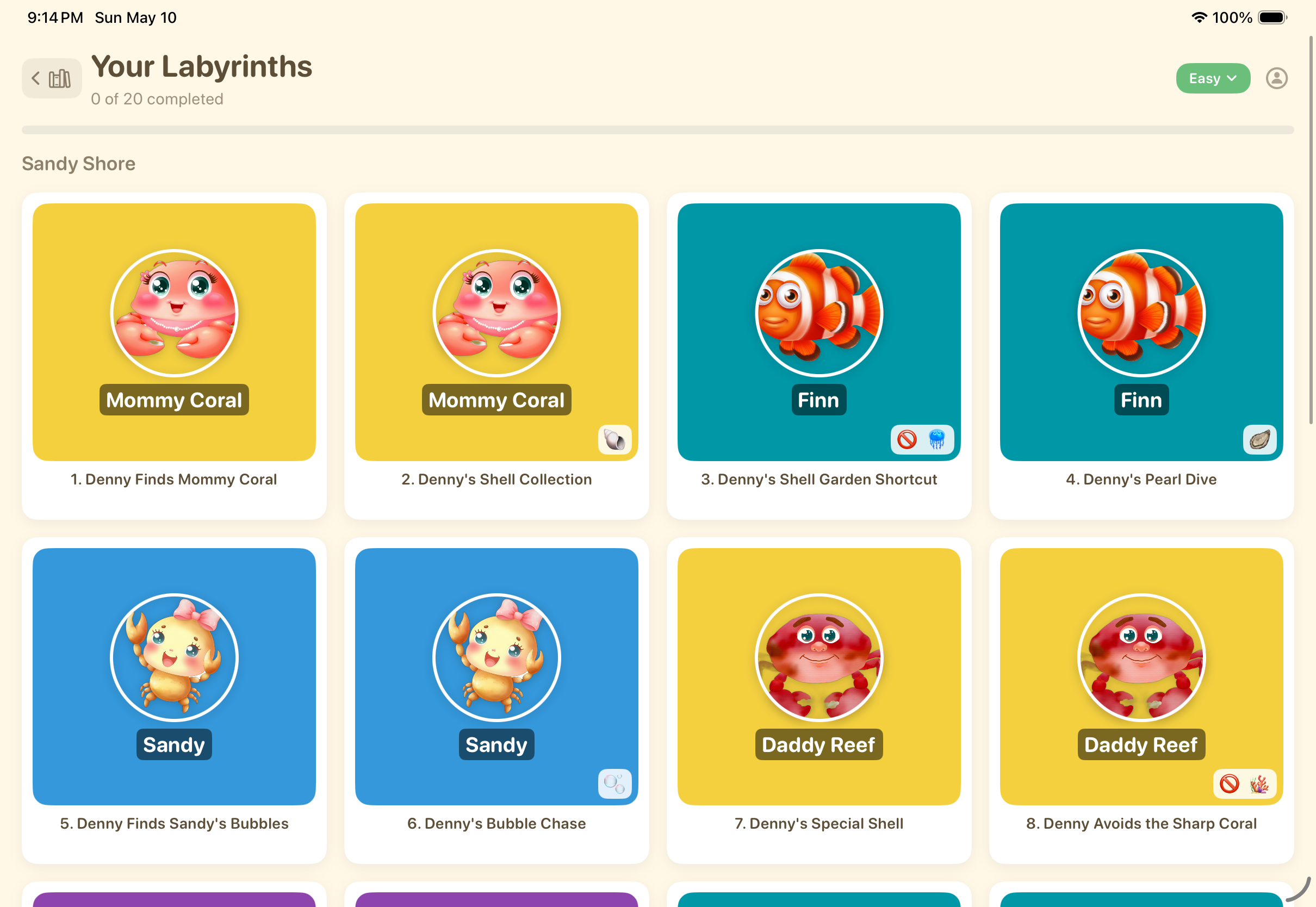 Denny's Maze maze library and difficulty selection on an iPad