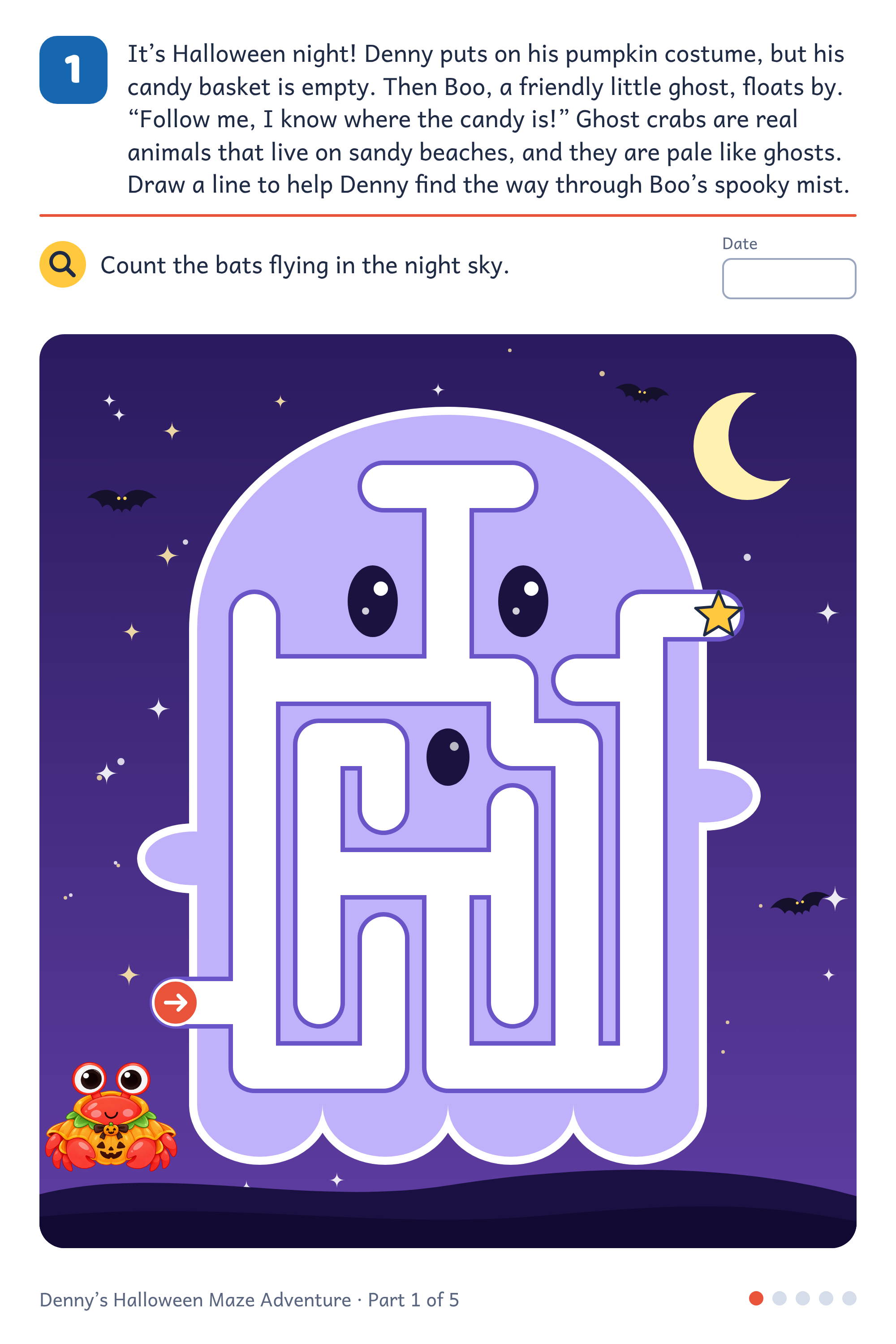 Free printable friendly ghost maze for kids with Denny and Boo